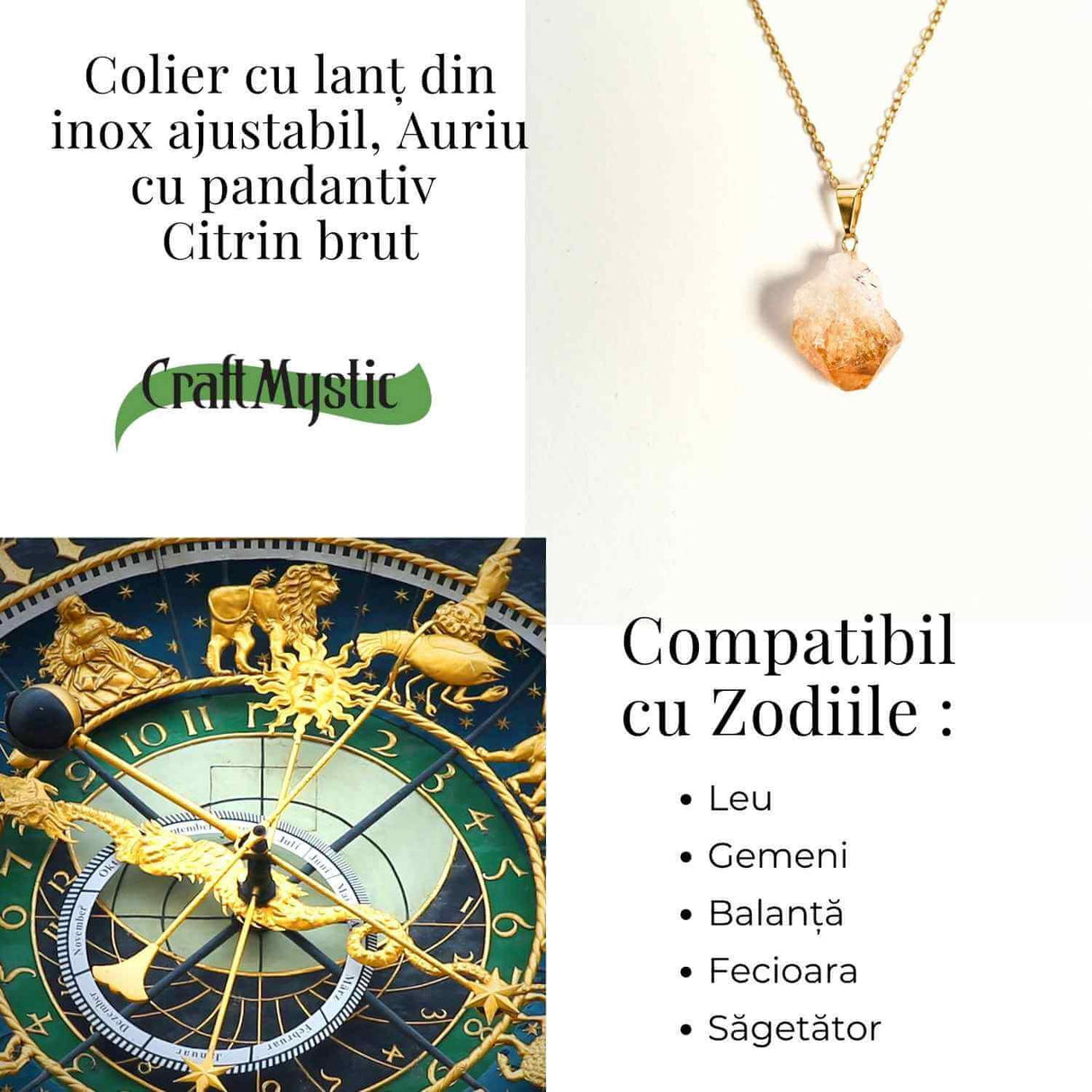 Colier auriu cu pandantiv citrin brut - Energie si Prosperitate