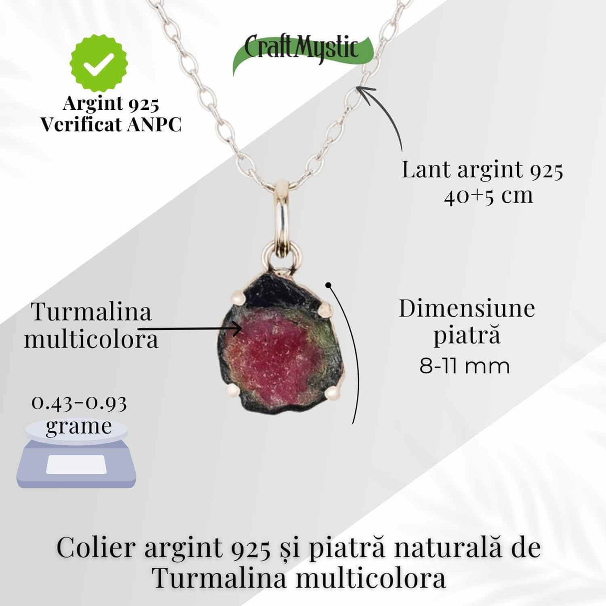 Colier Argint 925 cu Turmalina Multicolora Bruta neuniforma- Armonie, Protectie si Bucurie Interioara