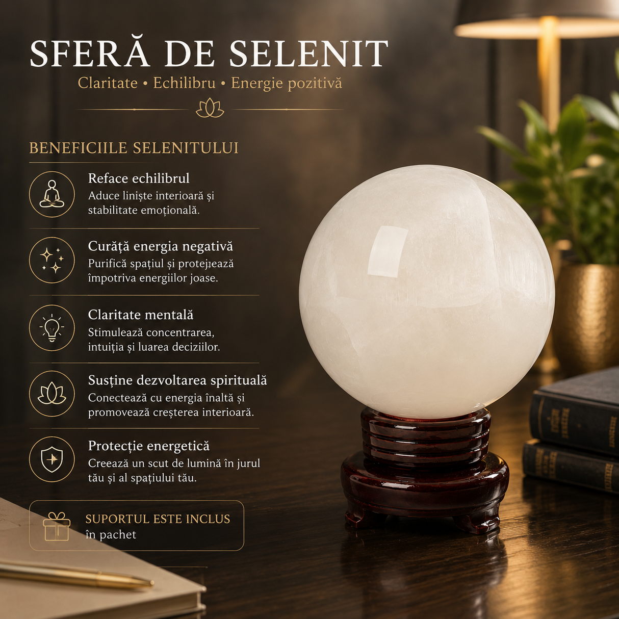 Sfera din Selenit Natural 14.5 cm – Claritate, Purificare si Armonie Energetica