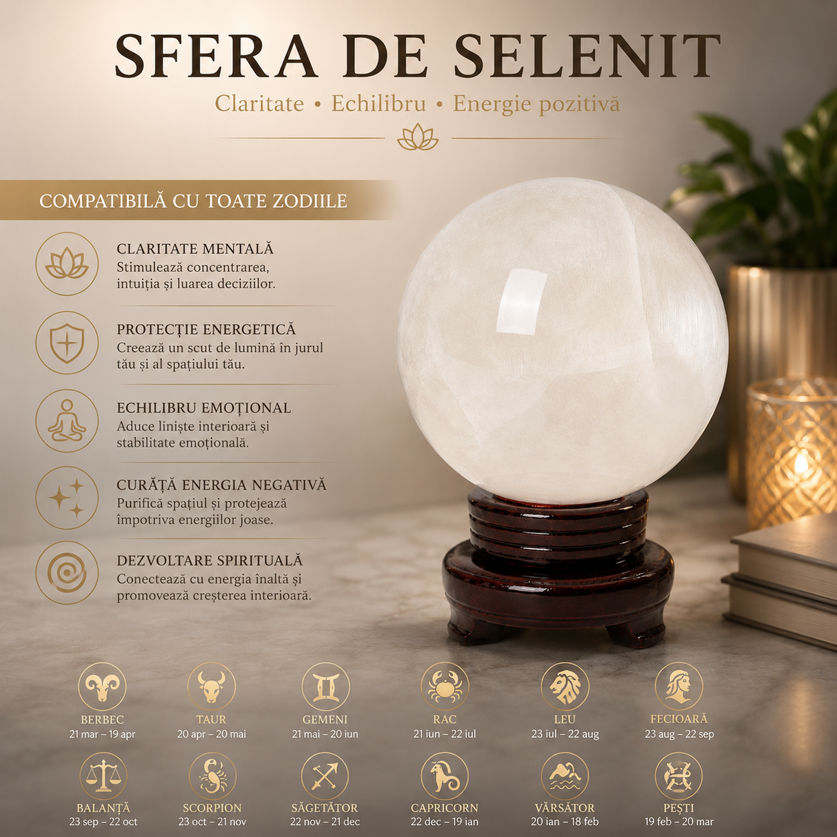 Sfera din Selenit Natural 14.5 cm – Claritate, Purificare si Armonie Energetica