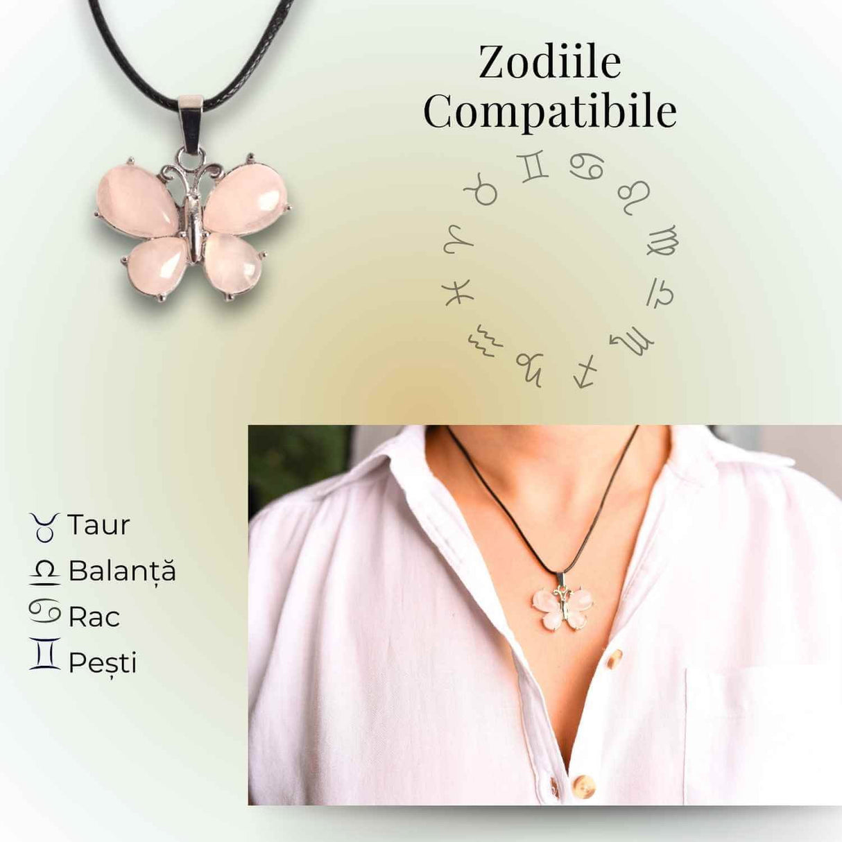 Colier ajustabil fluture cu Cuart Roz - Protectie si Eleganta