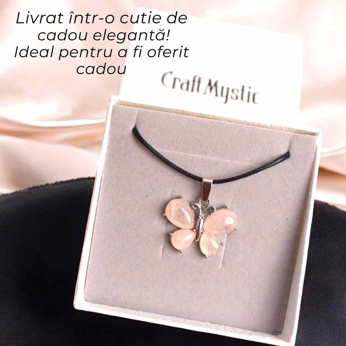 Colier ajustabil fluture cu Cuart Roz - Protectie si Eleganta