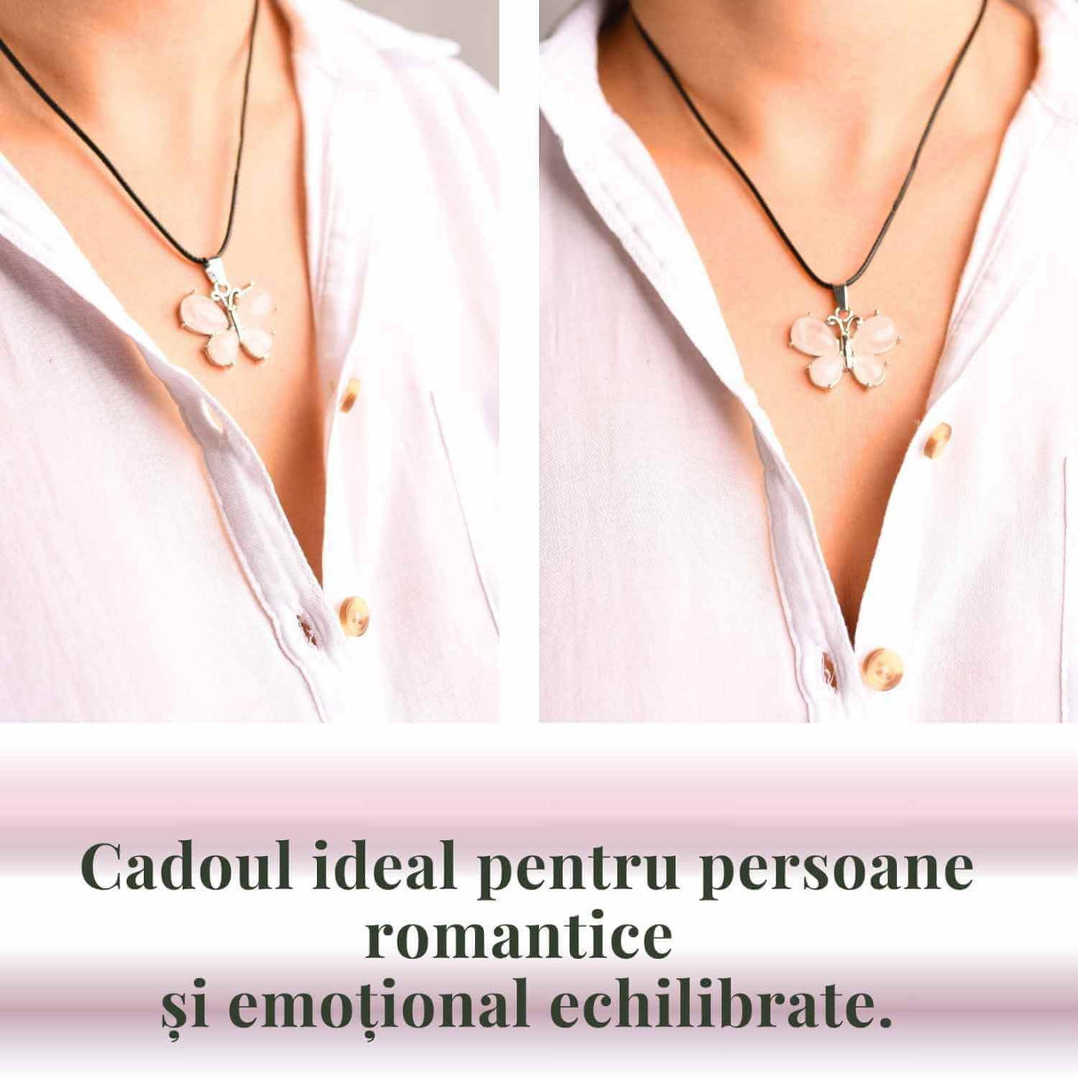 Colier ajustabil fluture cu Cuart Roz - Protectie si Eleganta