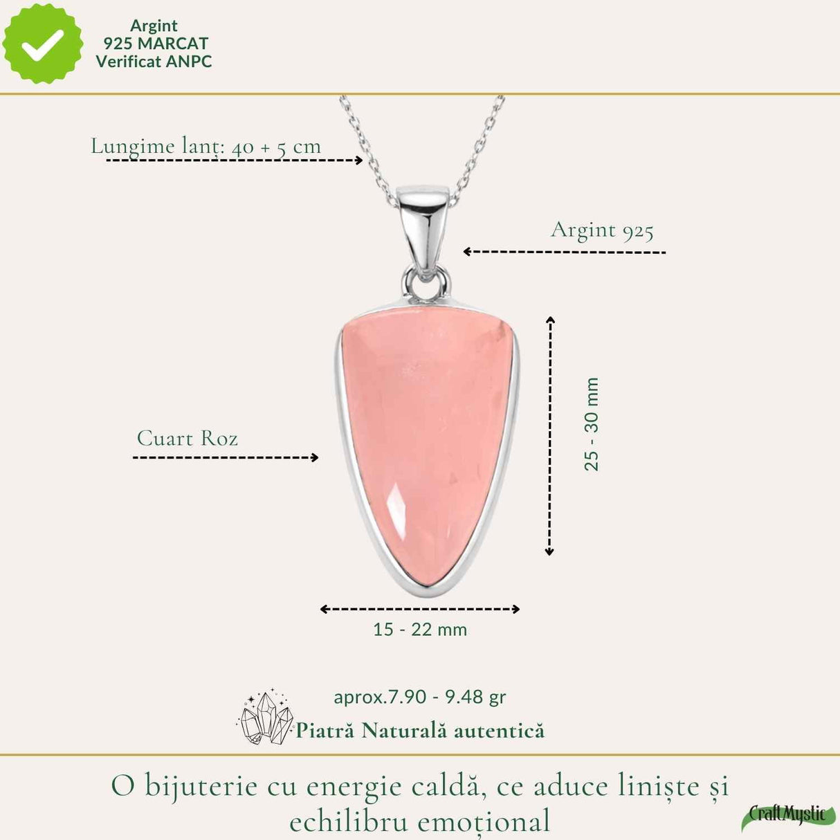 Colier Cuart Roz neregulat din Argint 925 – iubire de sine si echilibru emotional