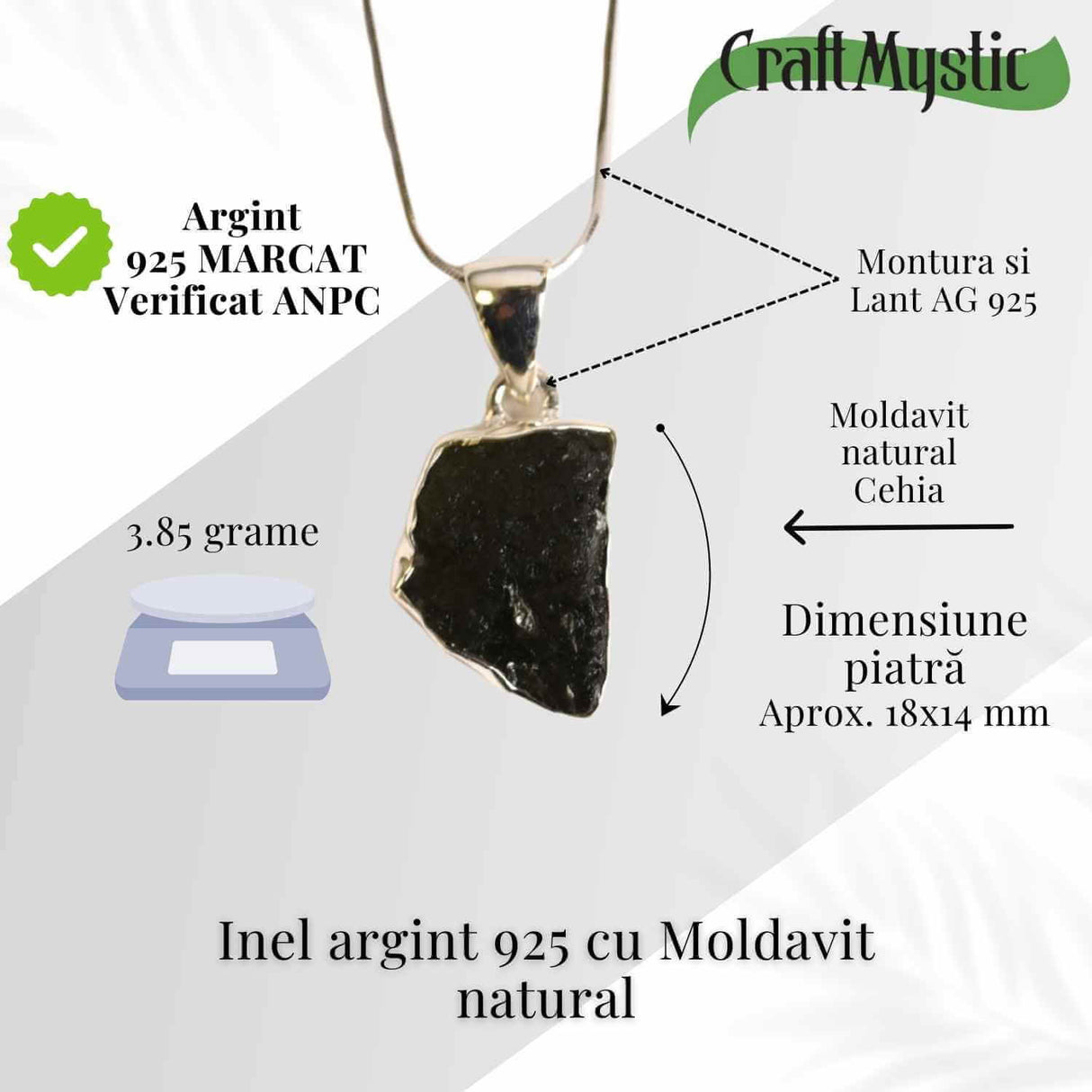 Colier argint 925 cu Moldavit natural brut 3.85 g - Talisman cosmic de protectie