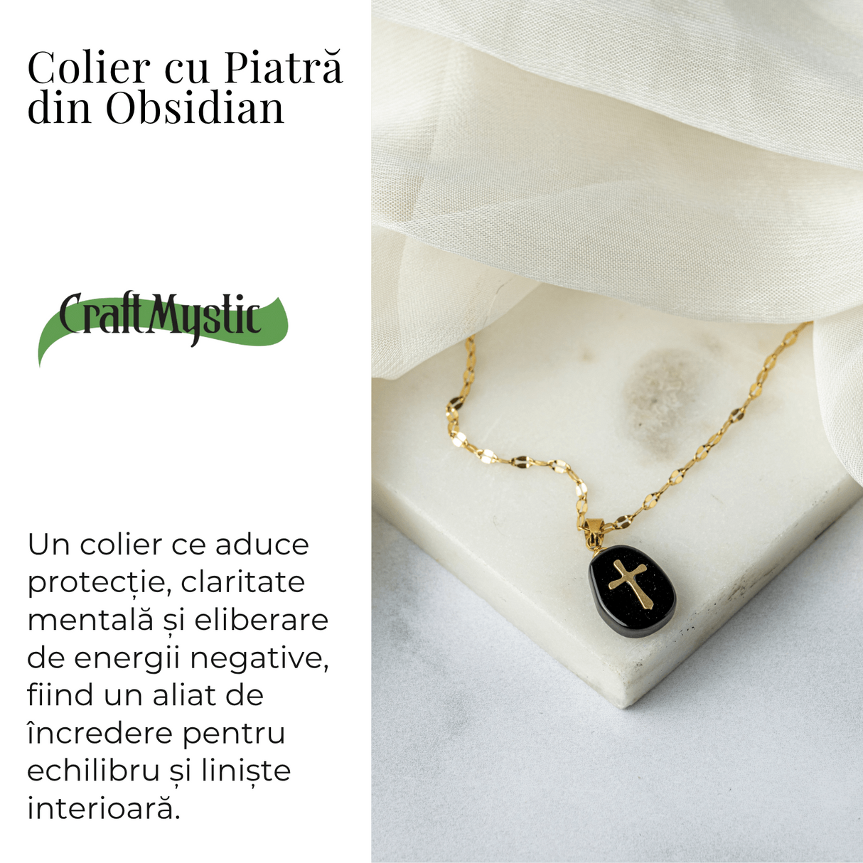 Colier Otel Inoxidabil Auriu cu Obsidian si Cruce - Protectie si Claritate Interioara