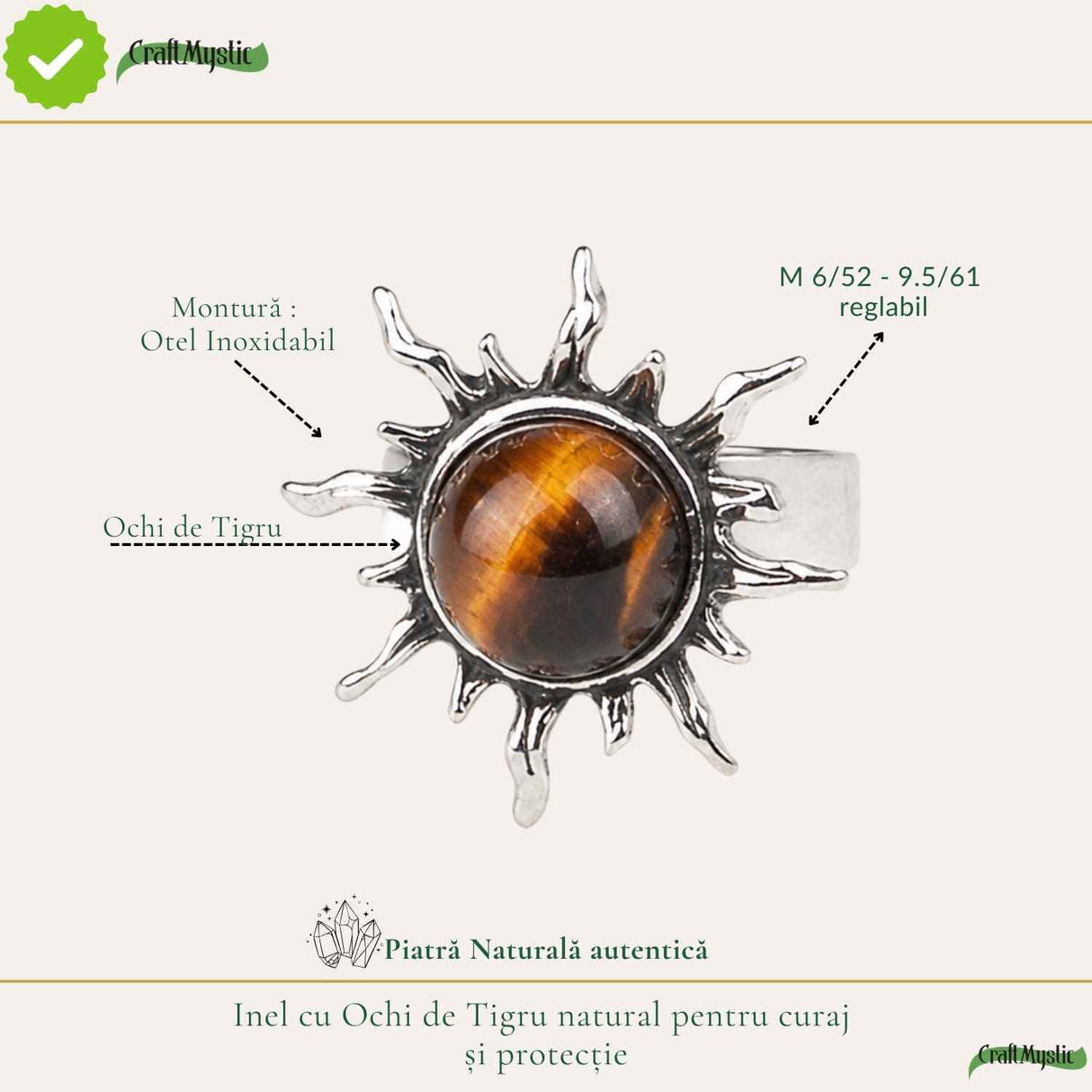 Inel cu Ochi de Tigru Natural in Forma de Soare – Curaj si Incredere in Sine