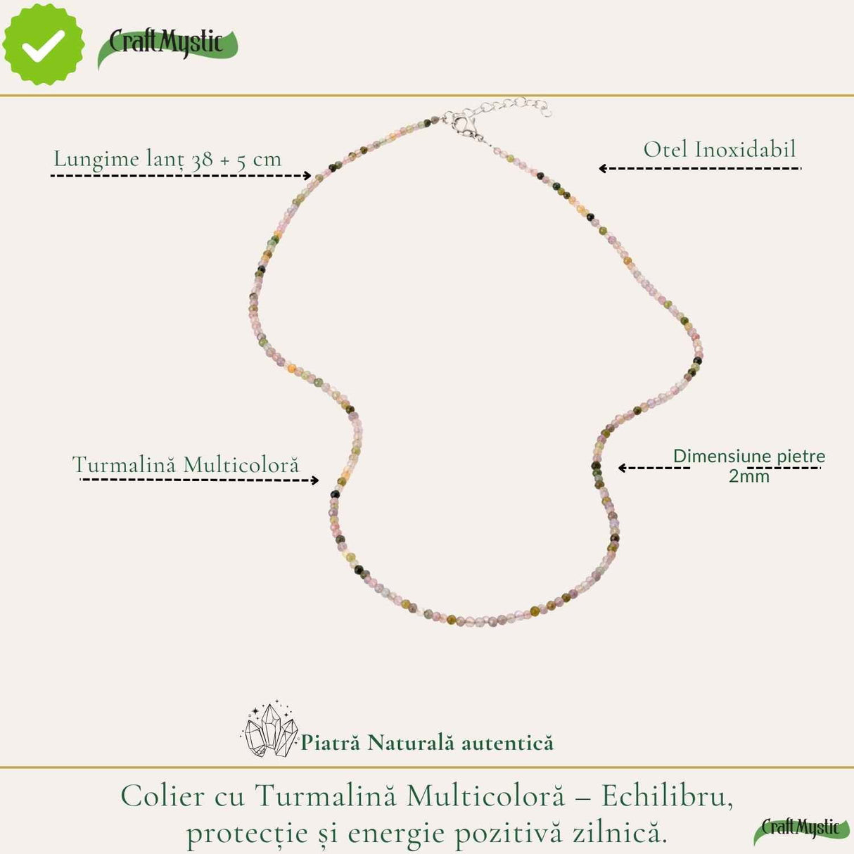 Colier Fin la Baza Gatului Tip Choker cu Turmalina Multicolora Fatetata 2 mm – Armonie si Eleganta Naturala