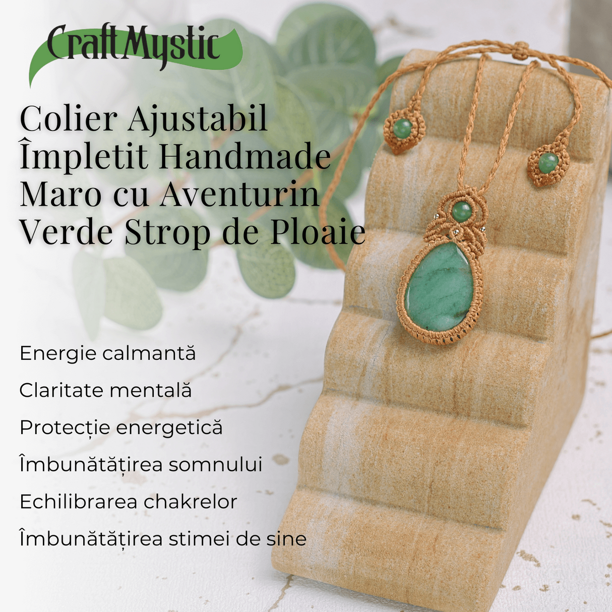 Colier Ajustabil Handmade cu Aventurin Verde sub forma de Strop de Ploaie - Maro, Lungime Maxima 45 cm