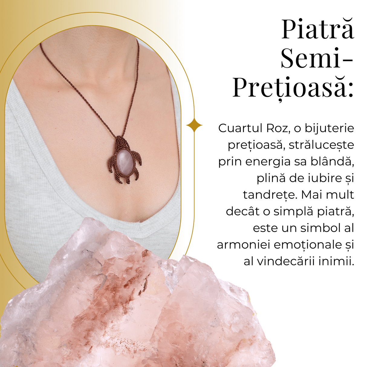 Colier Ajustabil Handmade cu Cristal de Cuart Roz in Broscuta Impletita - Lungime Maxima 45 cm