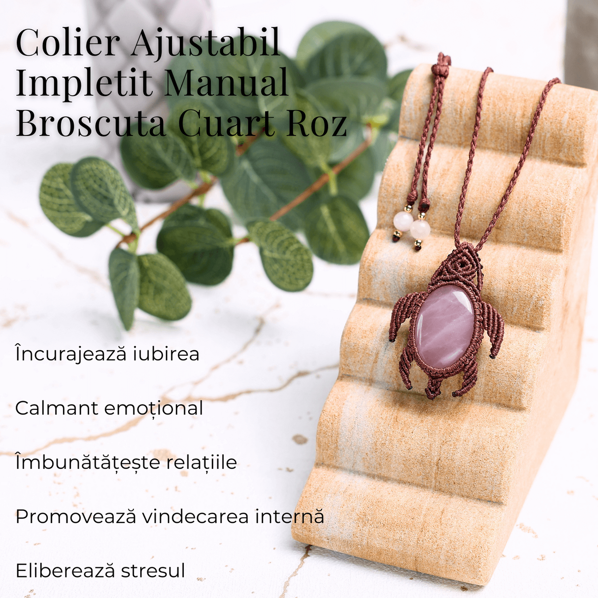 Colier Ajustabil Handmade cu Cristal de Cuart Roz in Broscuta Impletita - Lungime Maxima 45 cm