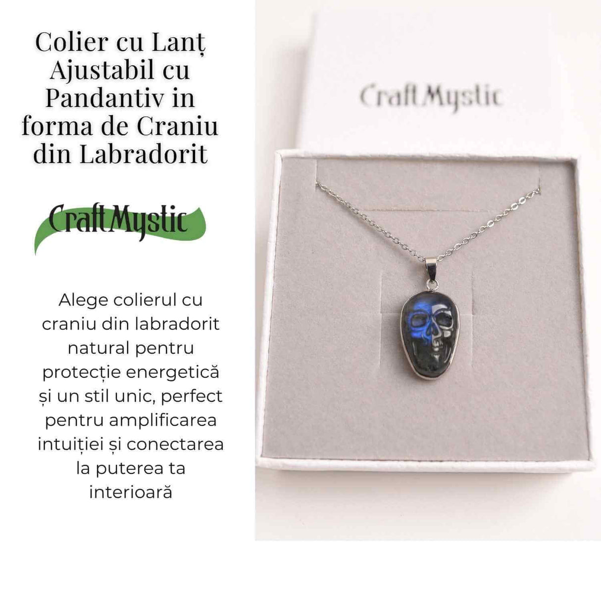 Colier ajustabil craniu labradorit natural, protectie si putere interioara
