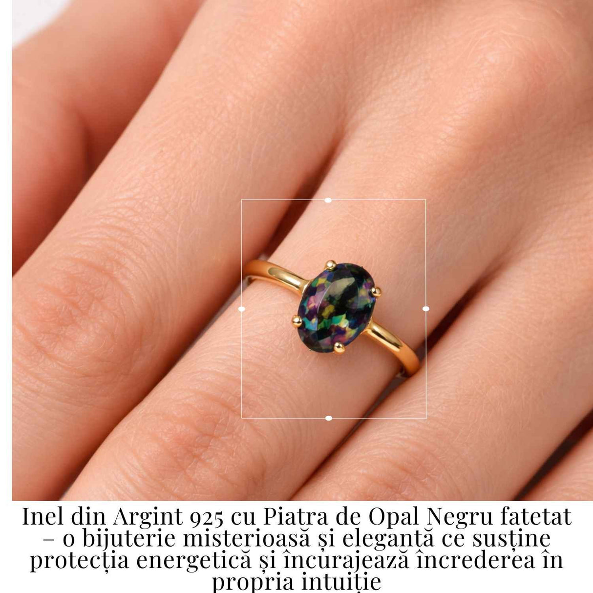 Inel Argint 925 placat cu aur 18K cu Opal Negru Fatetat oval- o reflexie profunda a intuitiei purtate cu gratie