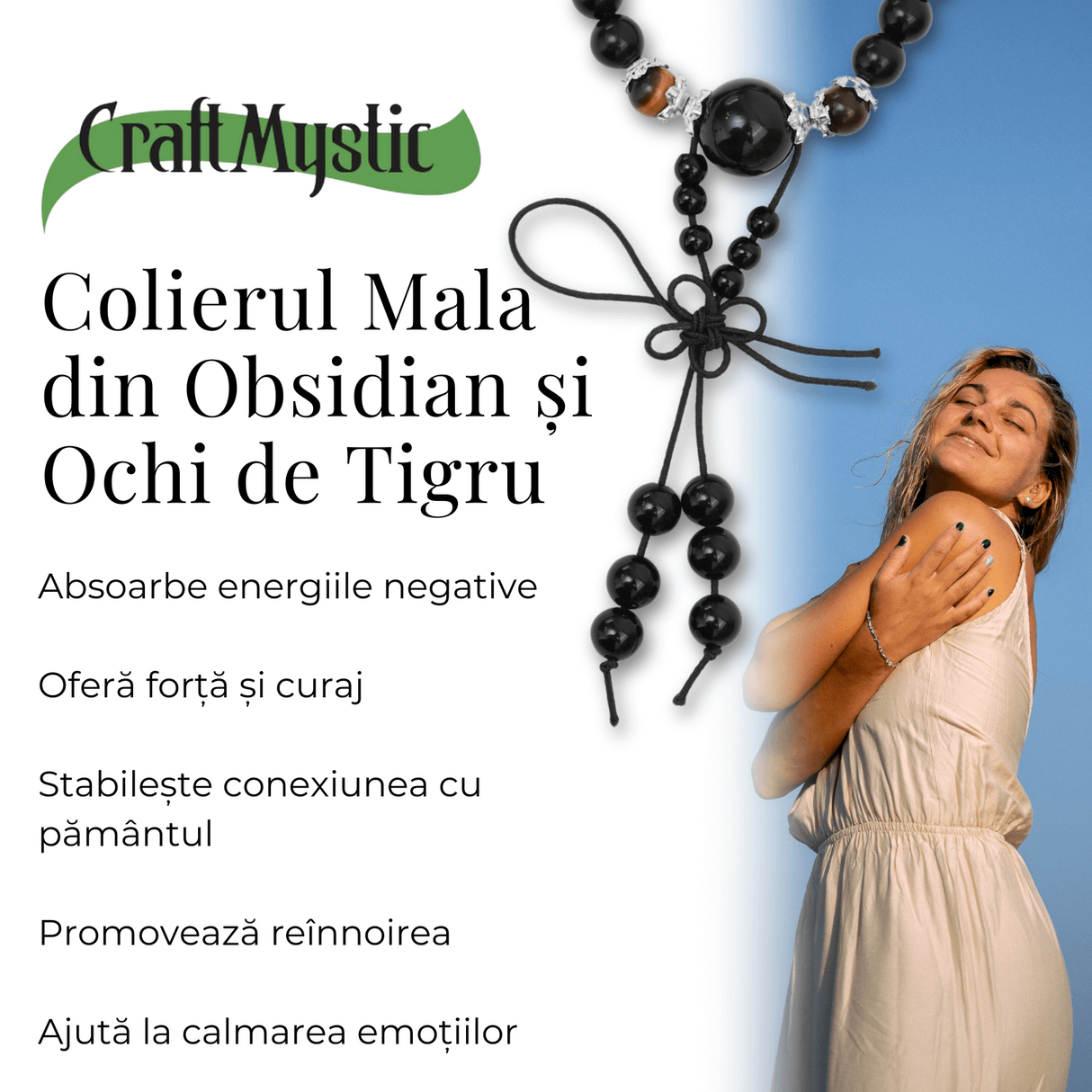Colier Mala cu 108 Pietre din Obsidian si Ochi de Tigru