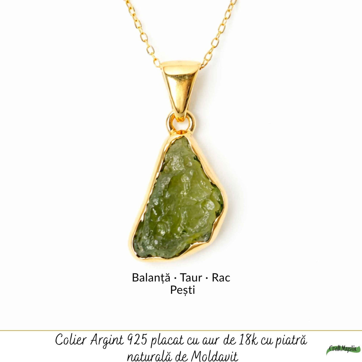 Colier cu Moldavit Brut si Argint 925 Placat Aur 18k– Conexiune si Transformare