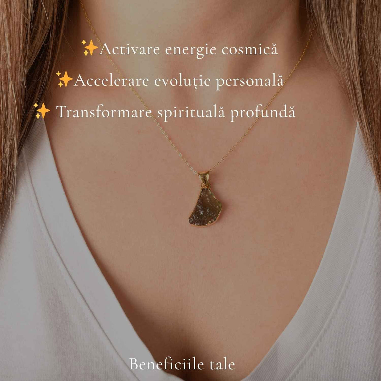 Colier cu Moldavit Brut si Argint 925 Placat Aur 18k– Conexiune si Transformare