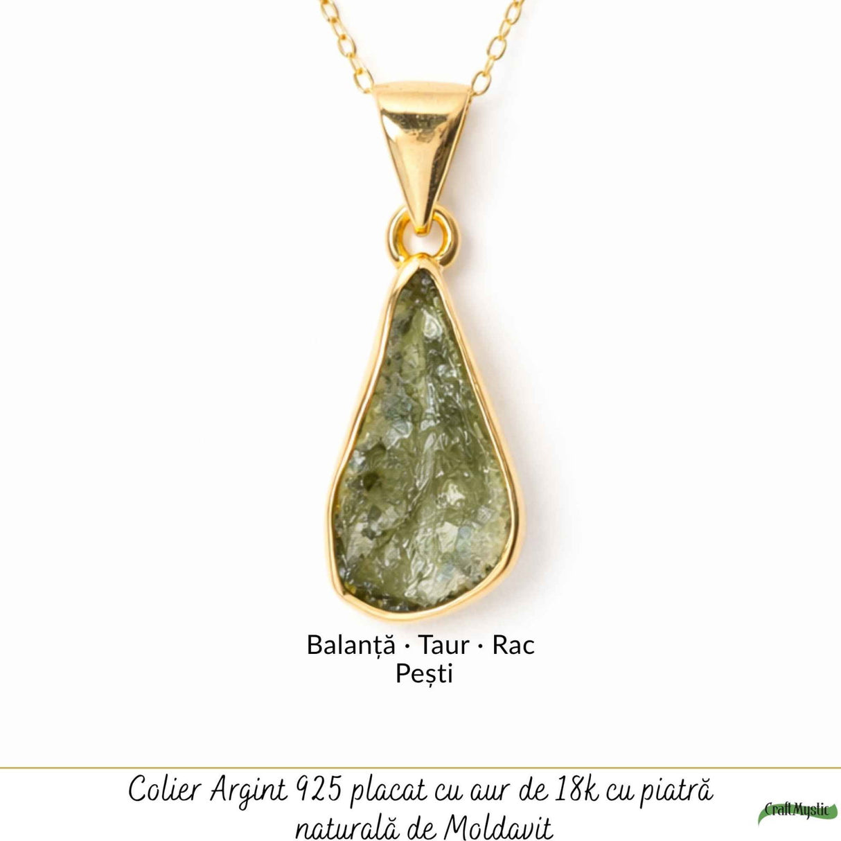 Colier Premium cu Moldavit si Argint 925 placat cu Aur 18K – Claritate, Intuitie si Echilibru