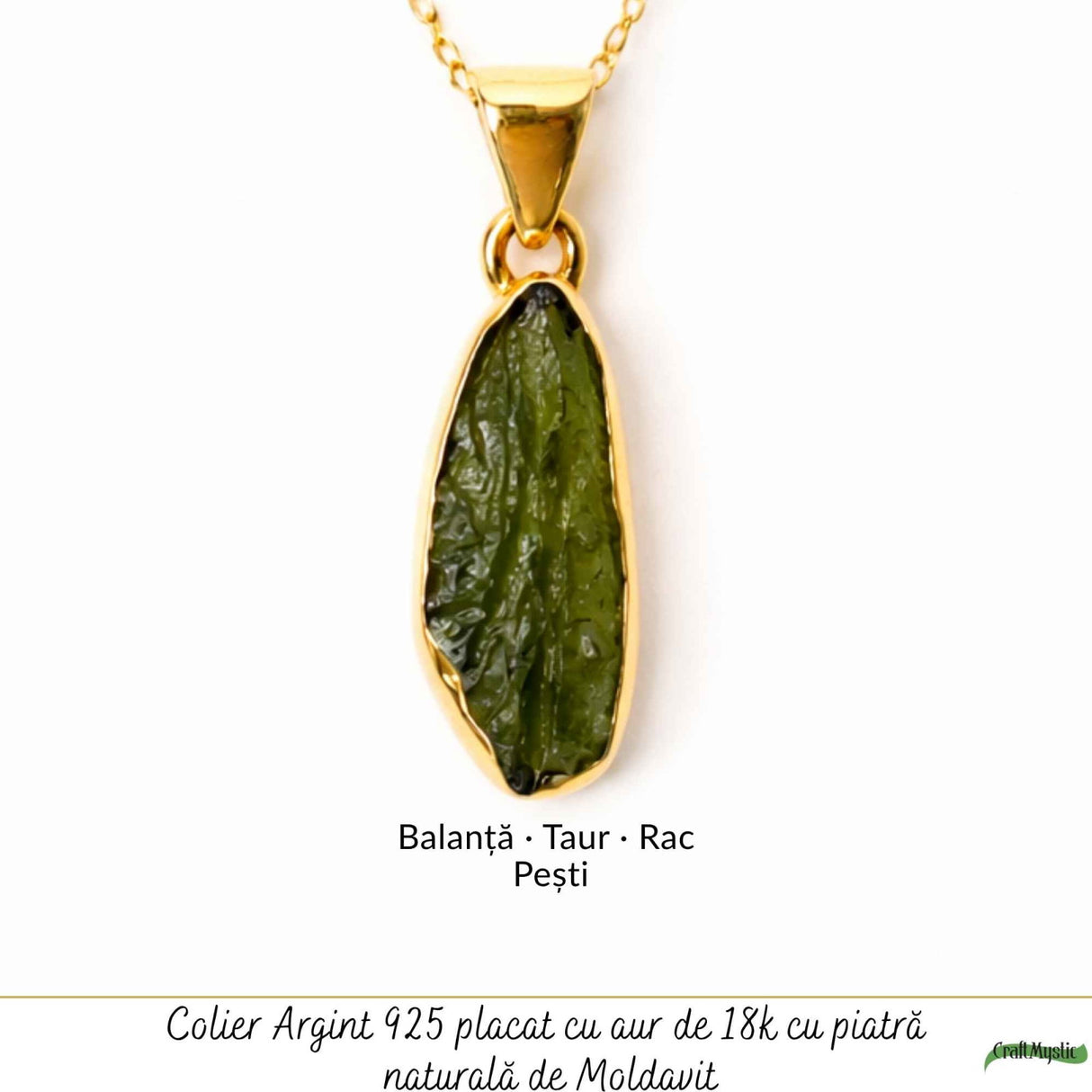 Colier Moldavit Brut Neuniform si Argint 925 Placat cu Aur 18k – Claritate si Transformare Profunda