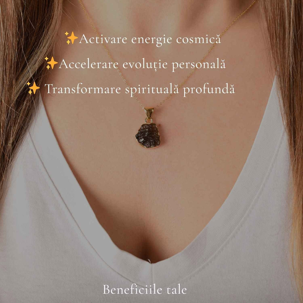 Colier cu Moldavit si argint placat cu Aur de 18K - Bijuterie Spirituala si Unica