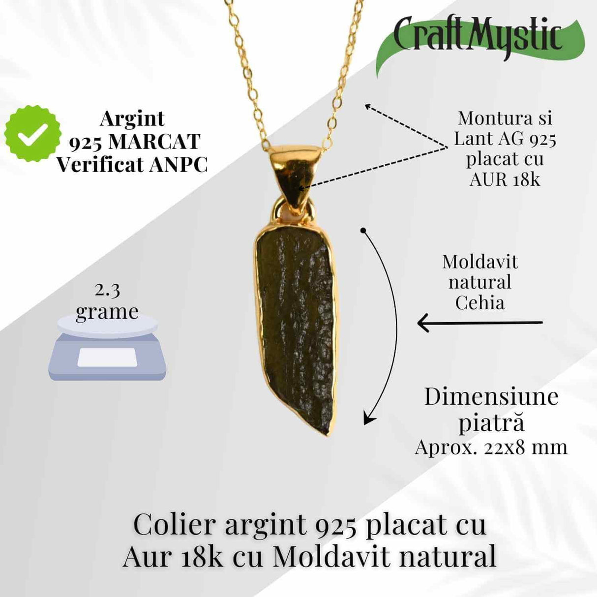 Colier argint 925 placat aur 18k cu Moldavit natural 2.3 gr - talisman de transformare spirituala