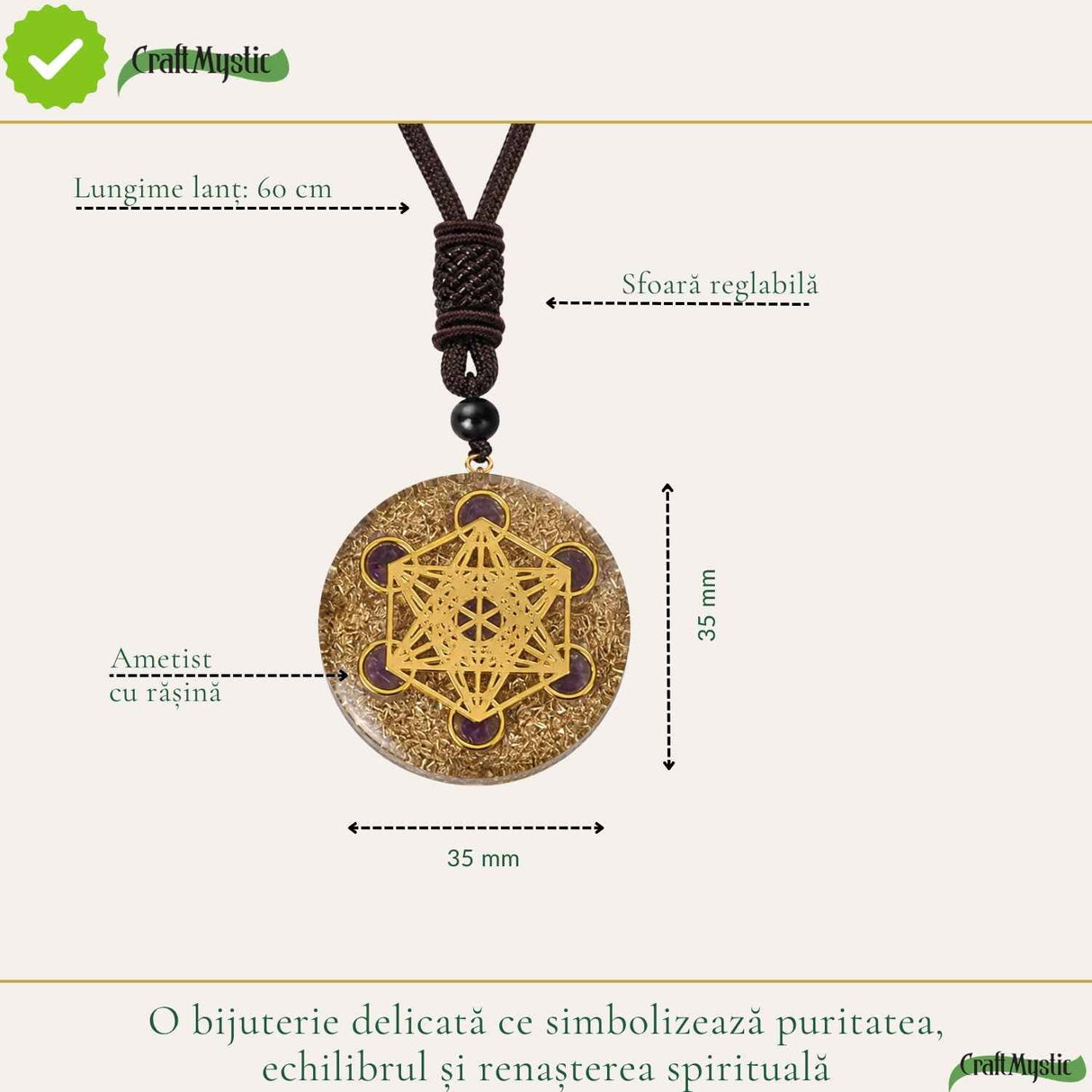 Colier Orgonit cu pietre naturale de Ametist si Cubul lui Metatron – Protectie, Intuitie si Armonie