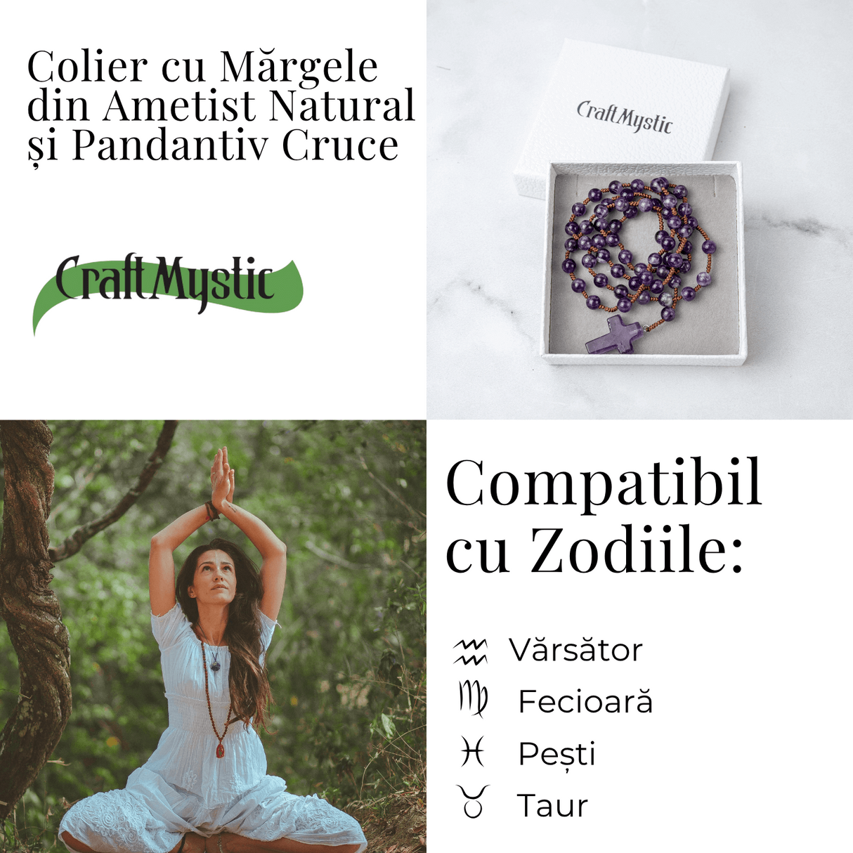 Colier cu Margele din Ametist Natural si Pandantiv Cruce - Liniste Interioara si Protectie Spirituala