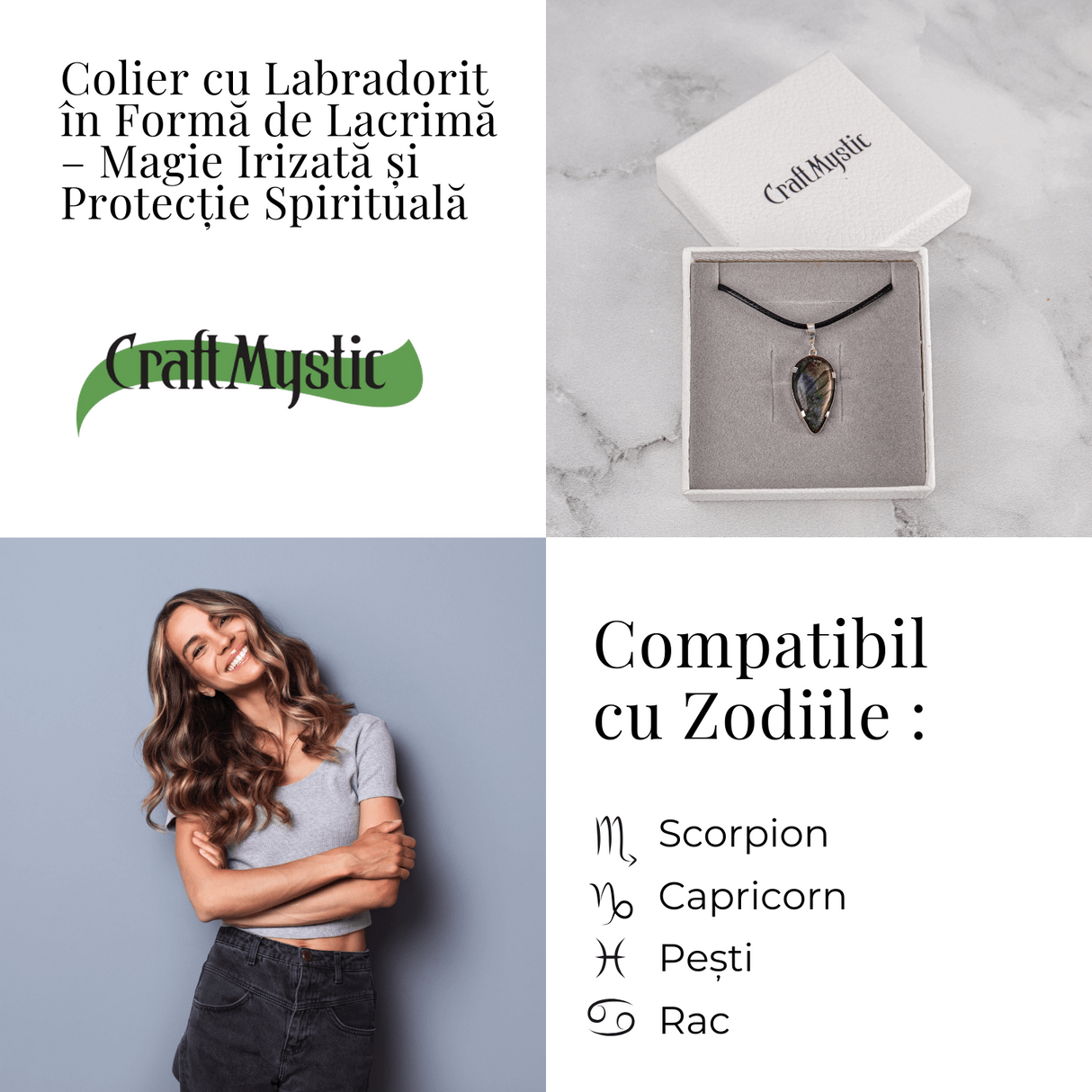 Colier cu Labradorit Natural in Forma de Picatura - Protectie, Intuitie si Stralucire Irizata