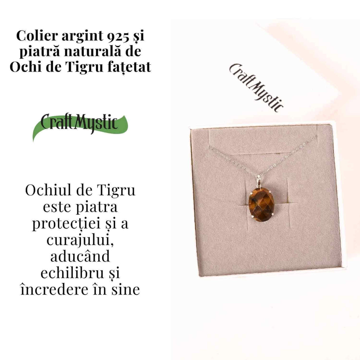 Colier Argint 925 cu Ochi de Tigru Oval fatetat- Protectie, Claritate si Incredere Interioara