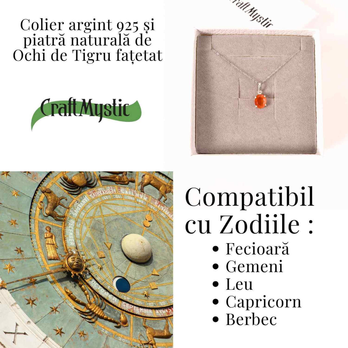 Colier Argint 925 cu Ochi de Tigru Oval fatetat- Protectie, Claritate si Incredere Interioara
