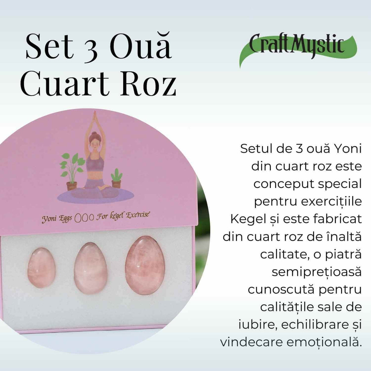 Set 3 Oua Yoni din Cuart Roz - Echilibru si Forta Interioara