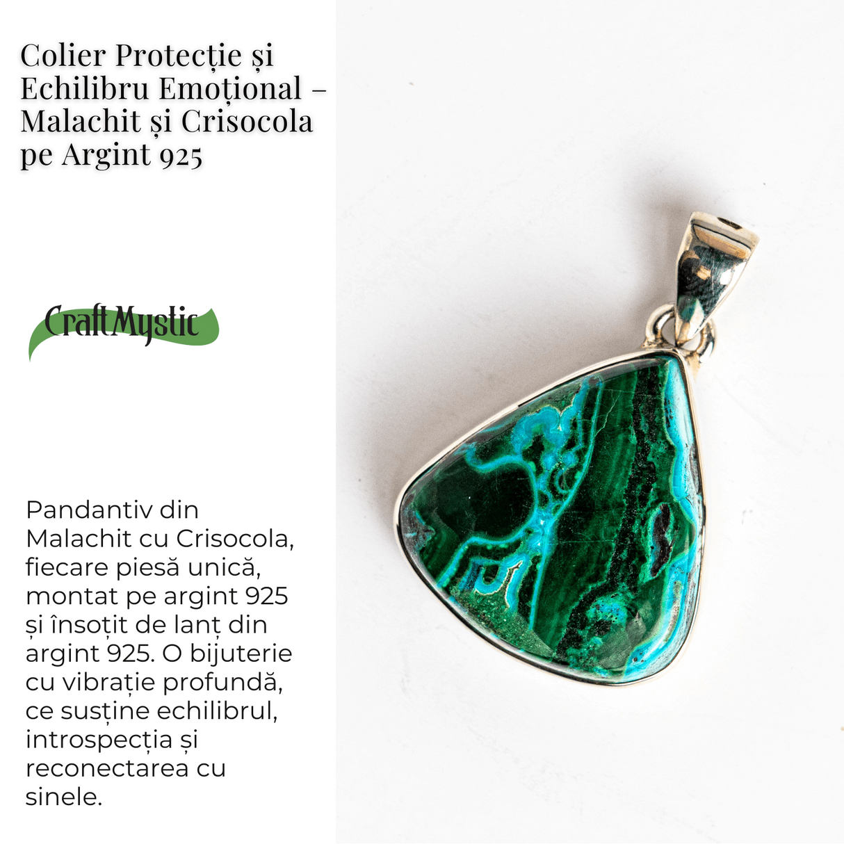 Colier protectie si echilibru emotional - Malachit si Crisocola montura Argint 925 8.35 gr
