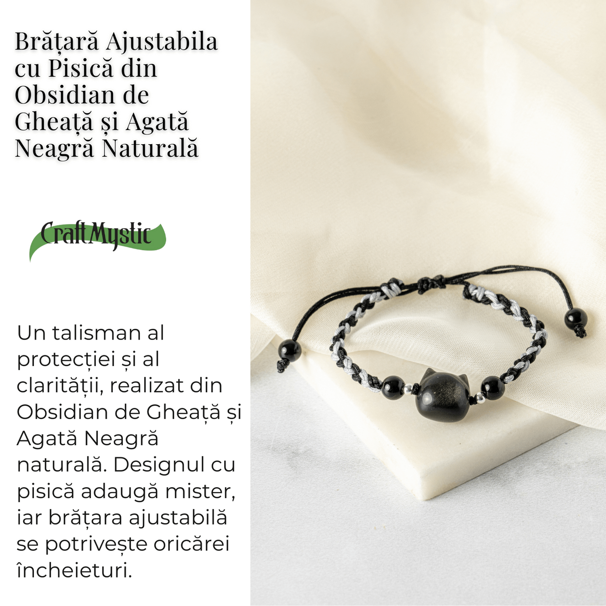 Bratara Ajustabila cu Pisica din Obsidian de Gheata si Agata Neagra Naturala - Talisman al Protectiei si Claritatii