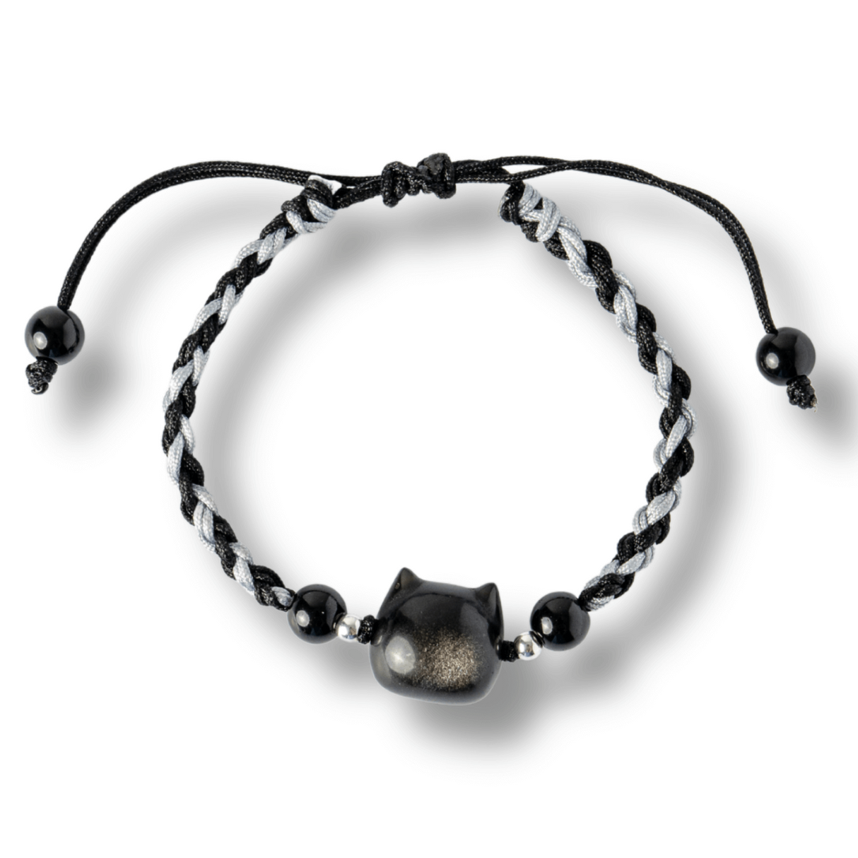 Bratara Ajustabila cu Pisica din Obsidian de Gheata si Agata Neagra Naturala - Talisman al Protectiei si Claritatii