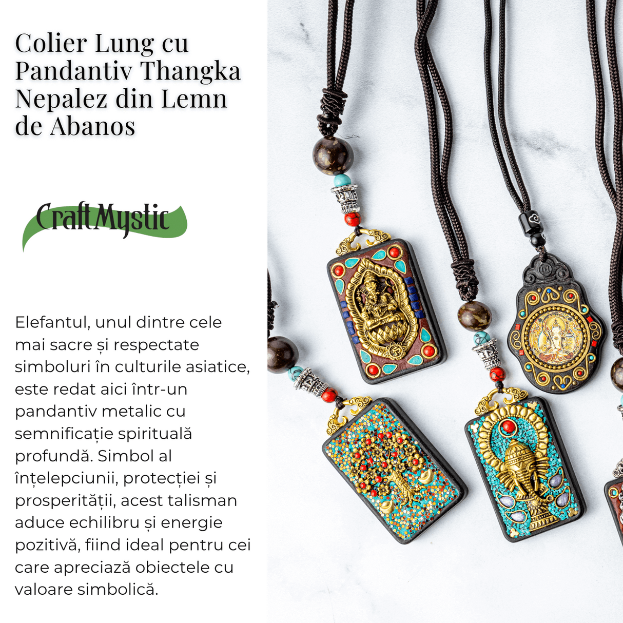 Colier Thangka Nepalez din Lemn de Abanos cu Simbol Ganesha - Protectie Spirituala si Abundenta Interioara