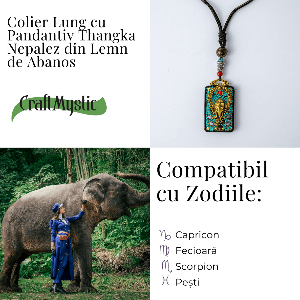 Colier Thangka Nepalez din Lemn de Abanos cu Simbol Ganesha - Protectie Spirituala si Abundenta
