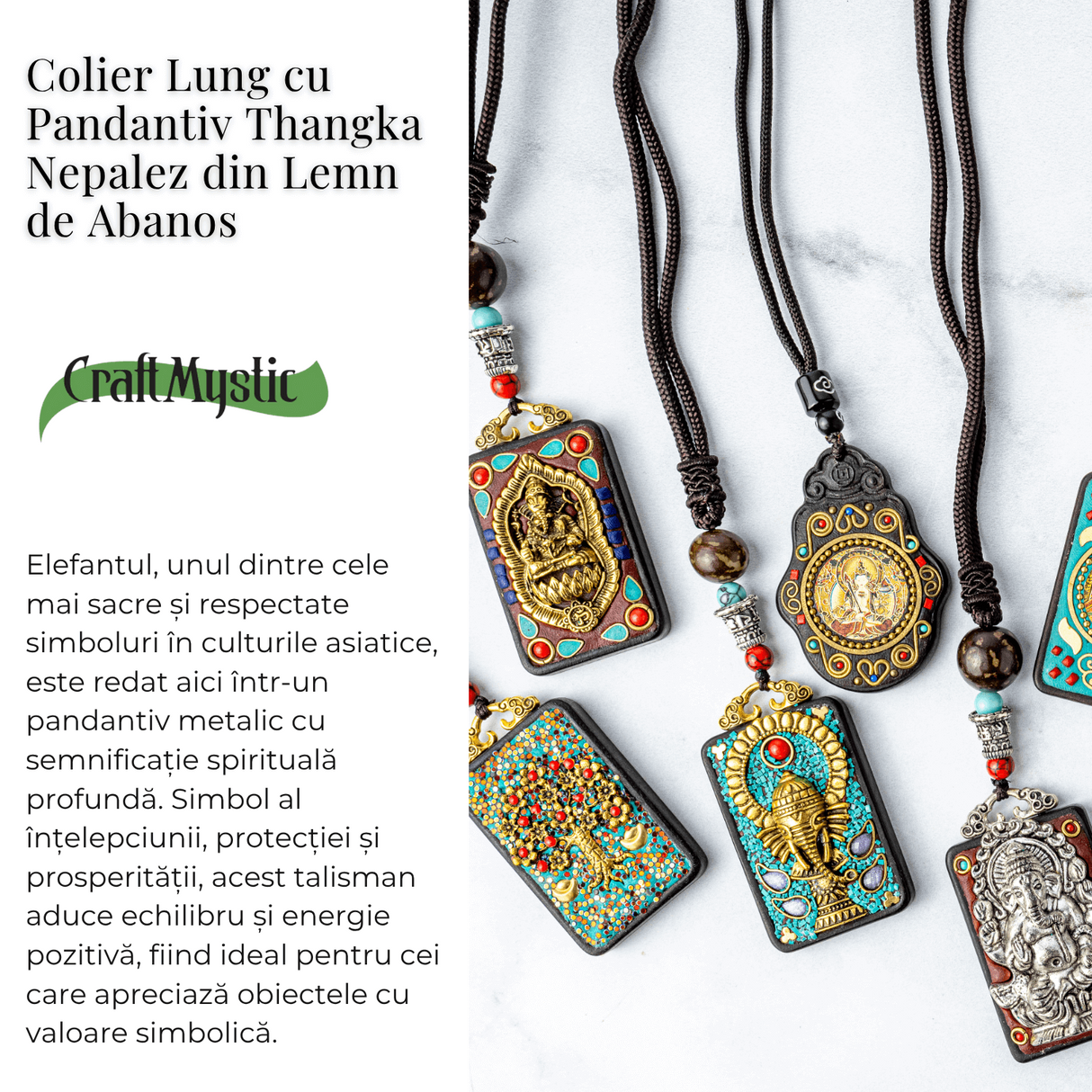 Colier Thangka Nepalez din Lemn de Abanos cu Simbol Ganesha - Protectie Spirituala si Abundenta