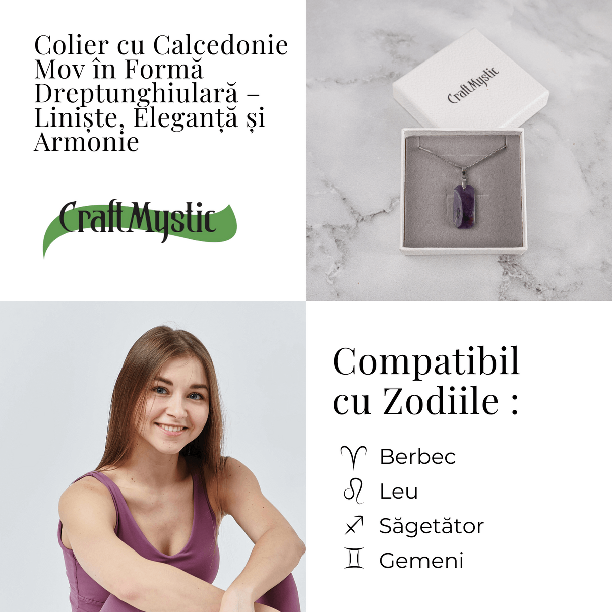 Colier Titanium cu Calcedonie Mov Dreptunghiulara - Armonie, Liniste si Eleganta Subtila