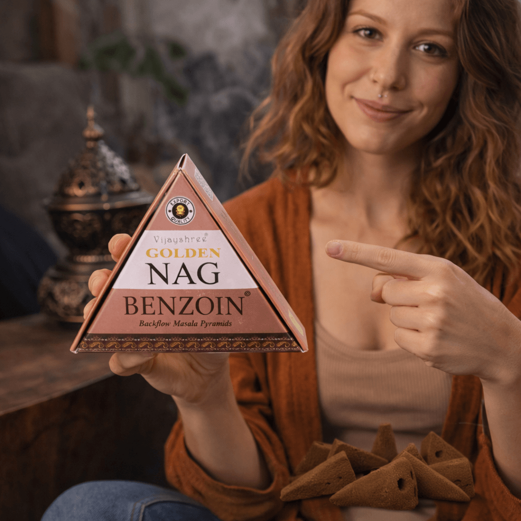 Conuri Parfumate Backflow Golden Nag Benzoin - Piramida Sacra pentru Protectie si Purificare Energetica
