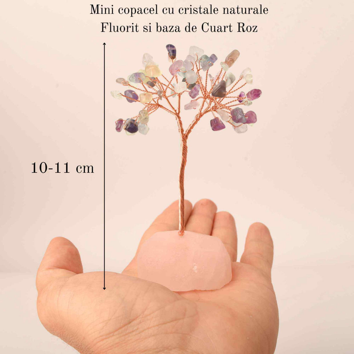 Copacel 10-11 cm din cristale naturale Fluorit cu baza de Cuart Roz cu 6 ramuri si 54 mini pietre semipretioase - Echilibru si armonie