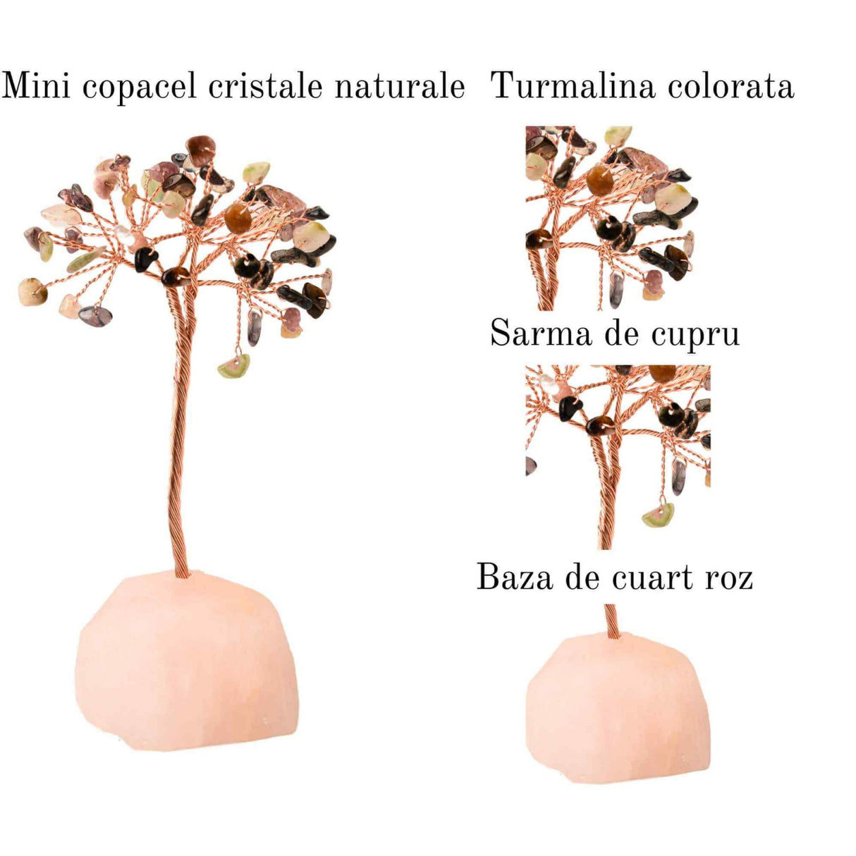 Copacel 10-11 cm din cristale naturale Turmalina colorata cu baza de Cuart Roz cu 6 ramuri si 54 mini pietre semipretioase - Protectie si iubire