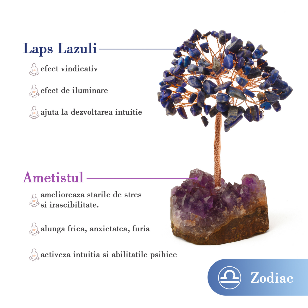 Copacel 12-13 cm cu 108 pietre naturale semipretioase Lapis Lazuli pe baza de Ametist cluster
