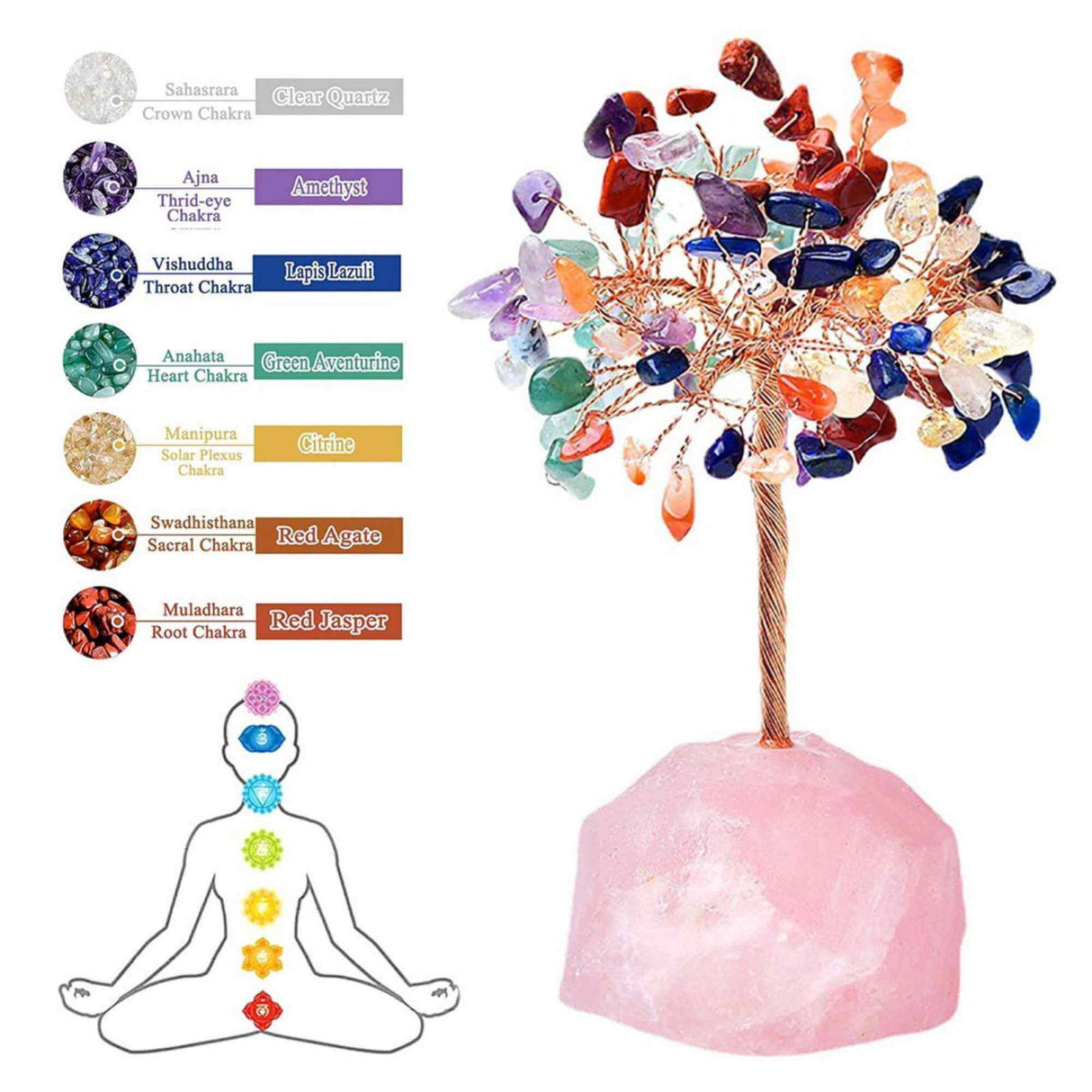 Copacel 12-13 cm din 7 pietre naturale Chakra si baza din cristal natural Cuart Roz pentru noroc si prosperitate
