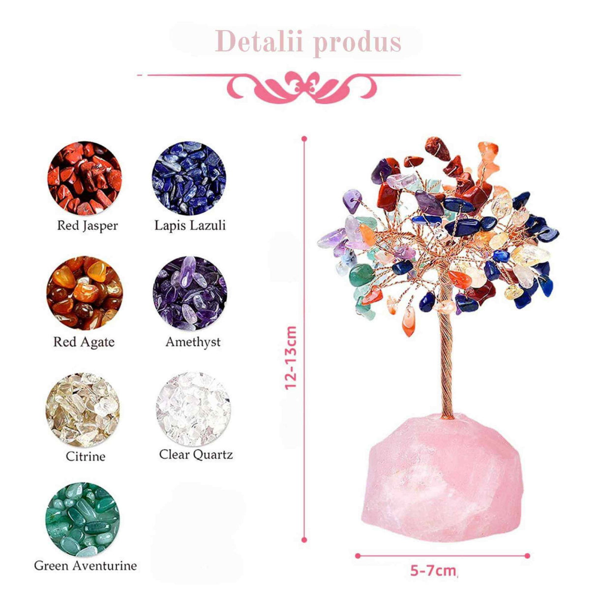 Copacel 12-13 cm din 7 pietre naturale Chakra si baza din cristal natural Cuart Roz pentru noroc si prosperitate