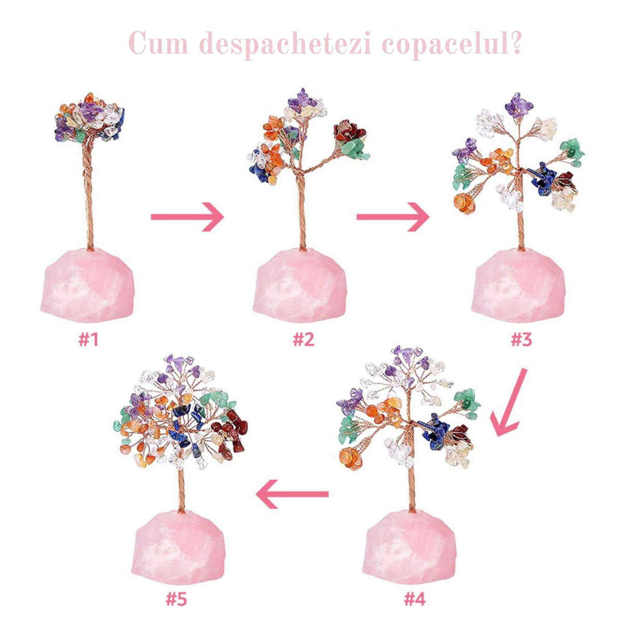 Copacel 12-13 cm din 7 pietre naturale Chakra si baza din cristal natural Cuart Roz pentru noroc si prosperitate