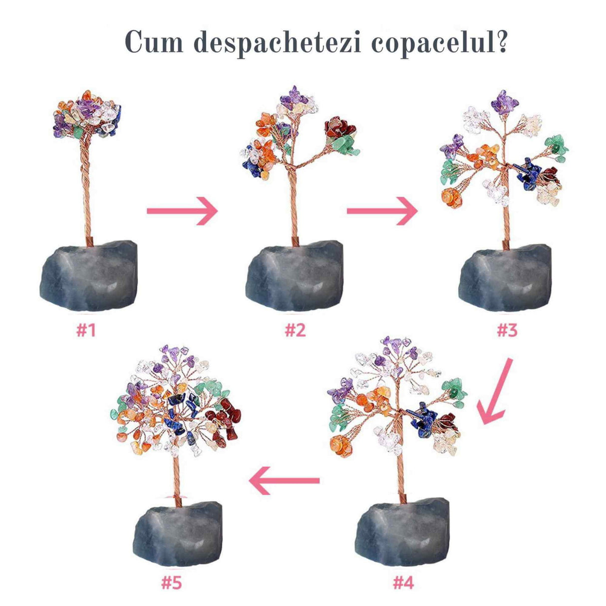 Copacel 12-13 cm din 7 pietre naturale Chakra si baza din cristal natural Flourit pentru noroc si prosperitate