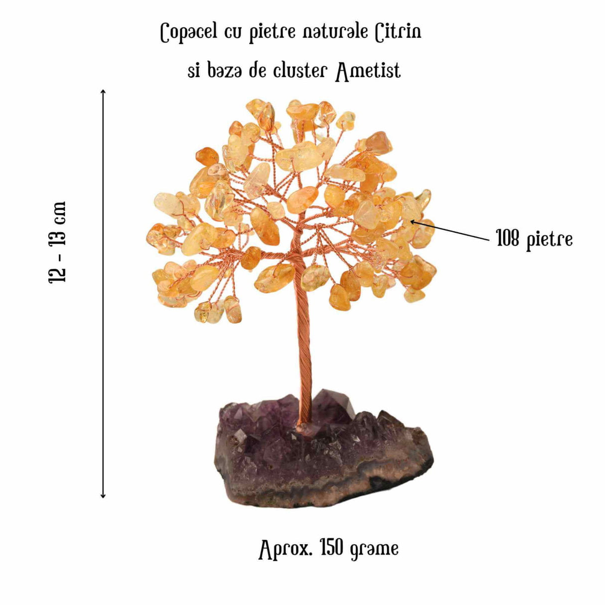Copacel 12-13 cm cu 108 pietre naturale semipretioase Citrin pe baza de Ametist cluster - Arborele vietii pentru noroc, decor interior, exterior