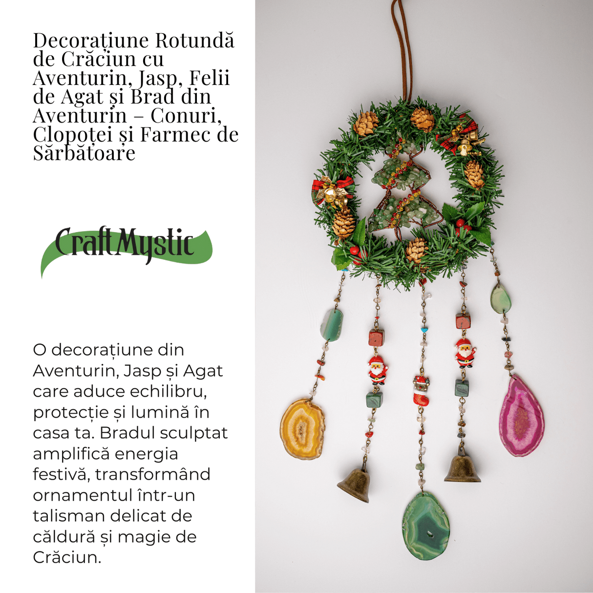 Coronita de Craciun cu Aventurin Verde, Jasp Rosu si Agat - Arborele Prosperitatii si Magiei Festive