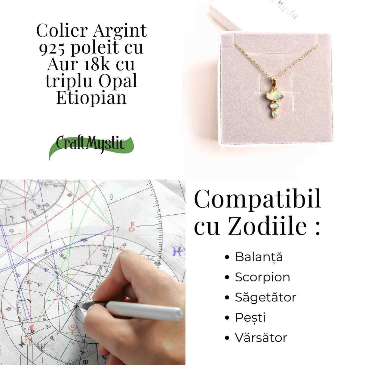 Creativitate si Bucurie de Viata - Colier inox si pandantiv argint 925 placat cu aur de18k si Triplu Opal Etiopian
