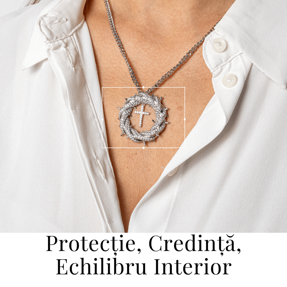Protectie si Credinta - Colier Cruce cu Zirconiu si Coroana Circulara, Placat Argintiu