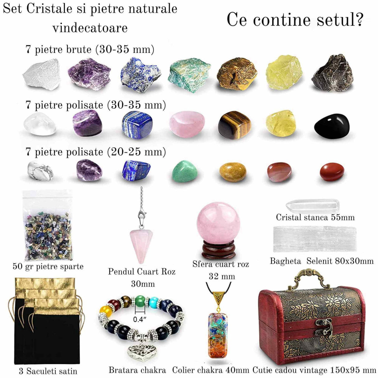 Set 28 piese cu cristale vindecatoare naturale - Contine 14 cristale naturale polisate si 7 pietre brute, sfera, pendul, selenit, bratara, colier, cristal stanca, pietre sparte